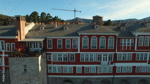 Hilandar Monastery on Mount Athos, top view of the buildings in the courtyard. Shooting at close range. photo