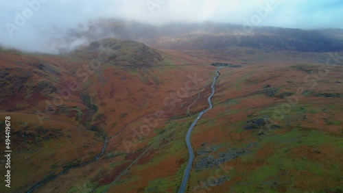 Breathtaking View Of A Road At Pen-Y-Pass Mountain Pass In Snowdonia, Wales UK. Aerial Drone Shot photo