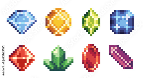Gems: diamond, ruby, emerald, amethyst pixel art icon set. Precious stones and crystals logo collection. 8-bit sprite. Game development, mobile app.  Isolated vector illustration.
