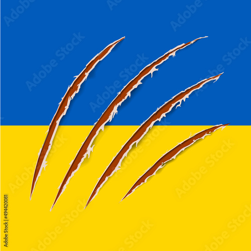 Conflict Ukraine-Russia. Flag of Ukraine. War in Ukraine. Nail trace. Ragged edges. Red claw animal track. Vector illustration. EPS10.