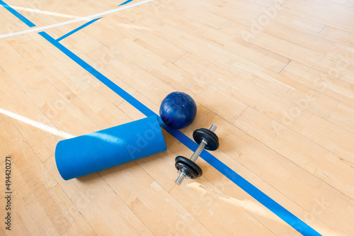 Blue color dumbbells, medicine ball and gym mat on wooden surface. Concept of rehabilitation and sport training equipment