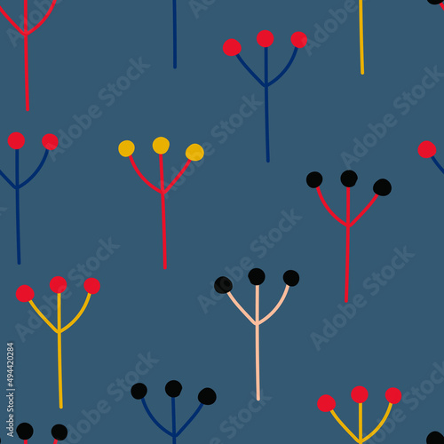 Cute modern minimalistic pattern with abstract spring flowers on blue background. Simple and stylish flower design for dresses,wallpaper,textile and ect.