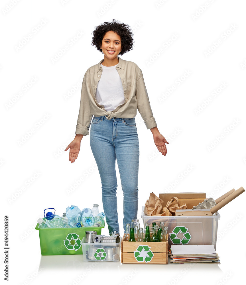 recycling, waste sorting and sustainability concept - smiling woman with plastic and glass bottles, papers and metal tin cans in boxes over white background recycling, waste sorting and sustainability concept - smiling woman with plastic and glass bottles, papers and metal tin cans in boxes over white background