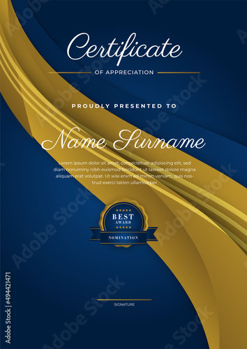 Certificate of appreciation template, gold and blue color. Clean modern certificate with gold badge. Certificate border template with luxury and modern line pattern. Diploma vector template