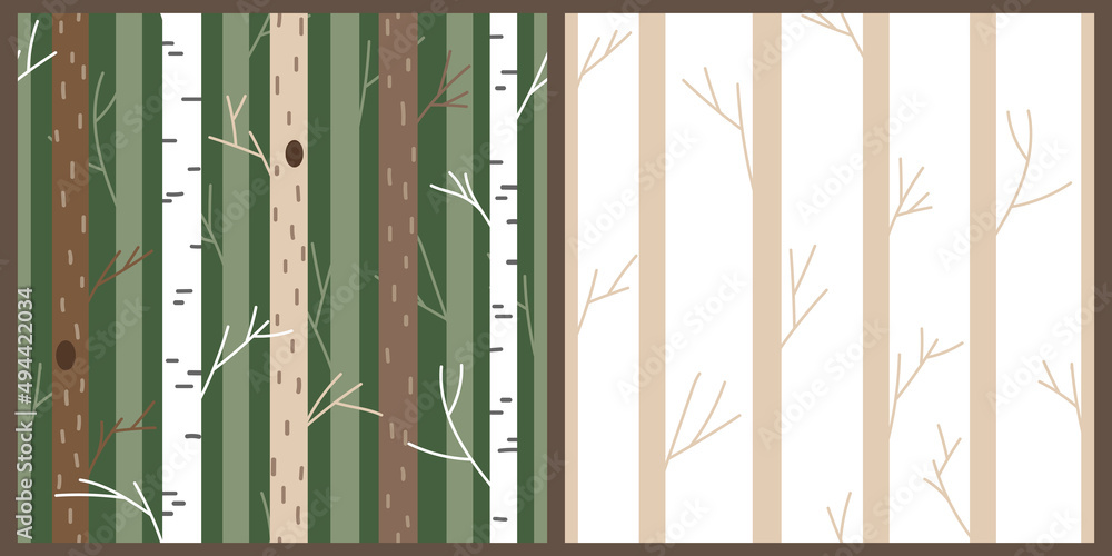 Set of vector seamless pattern. Simple forest design. Custom tree wall decoration. Repeated background for fabric, wallpaper, giftwrap design. Set of vector seamless pattern. Simple forest design. Custom tree wall decoration. Repeated background for fabric, wallpaper, giftwrap design.
