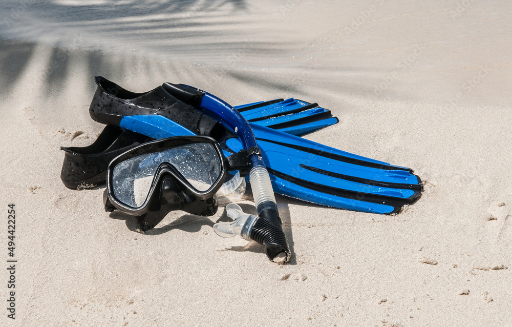 Mask and fins for scuba diving and snorkeling lie on the sandy shore against the backdrop of the sea and ocean. - obrazy, fototapety, plakaty 