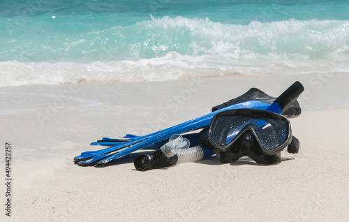 Canvas Print Mask and fins for scuba diving and snorkeling lie on the sandy shore against the backdrop of the sea and ocean