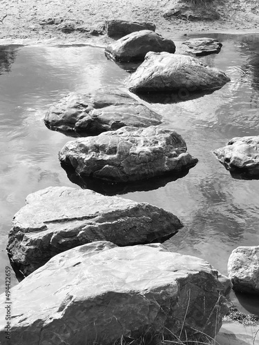stepping stones form a path across a river in monochrome