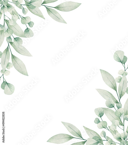 Watercolor illustration card eucalyptus branches frame. Isolated on white background. Hand drawn clipart. Perfect for card, postcard, tags, invitation, printing, wrapping.