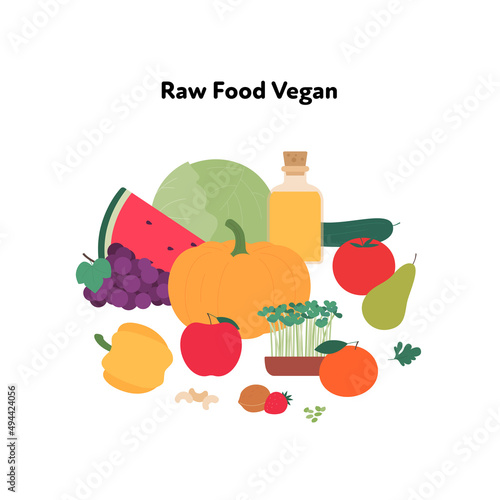 Food plate example concept. Vector flat illustration. Raw food vegetarian diet symbol isolated on white background. Veggies and fruit color sign set.