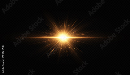 Shining golden star. Light Effect Bright Star  Christmas Star. Gold glowing light explodes.