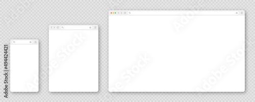 Blank web browser window with toolbar and search field. Modern website, internet page in flat style. Browser mockup for computer, tablet and smartphone. Adaptive user interface. Vector illustration