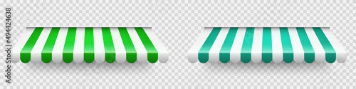 Green shop sunshade on transparent background. Realistic striped cafe awning. Outdoor market tent. Roof canopy. Summer street store. Vector illustration.