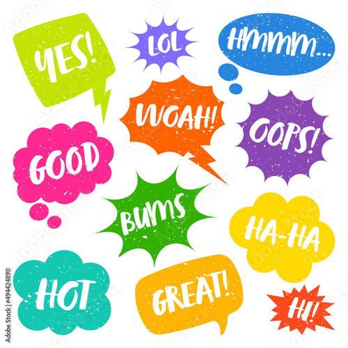 Colorful grunge comic speech bubbles with handwritten text. Hand drawn retro cartoon stickers. Chatting, message box. Vector illustration