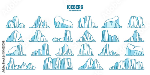 Floating icebergs sketch collection. Drifting arctic glacier, block of frozen ocean water. Icy mountains with snow. Melting ice peak. Antarctic snowy landscape. Outline drawing. Vector illustration.