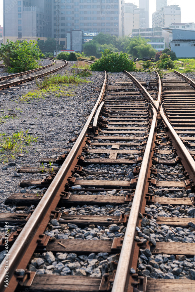 Fototapeta premium Cargo train platform at sunset with container