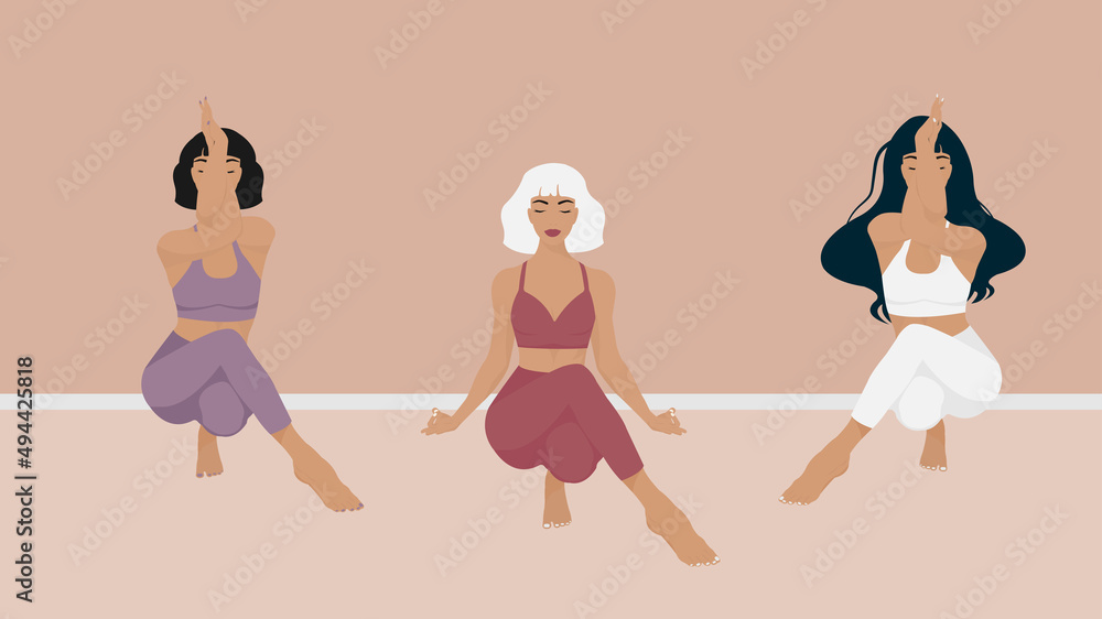 Set of three yoga poses for girls. Mindfulness, meditation and yoga background in pastel vintage colors with women sit with crossed legs and meditate. Set of three yoga poses for girls. Mindfulness, meditation and yoga background in pastel vintage colors with women sit with crossed legs and meditate.