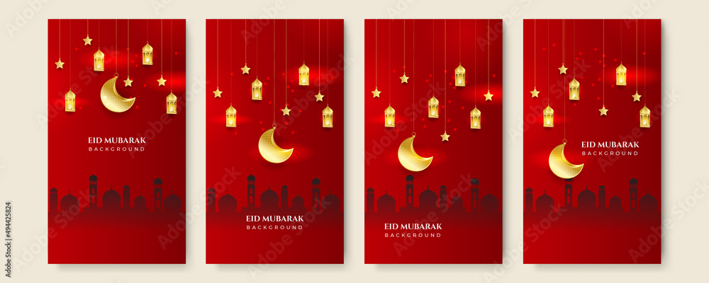 Eid ramadan mubarak background for social media stories template banners. Arabic islamic middle east lantern moon crescent mosque design for social media template
