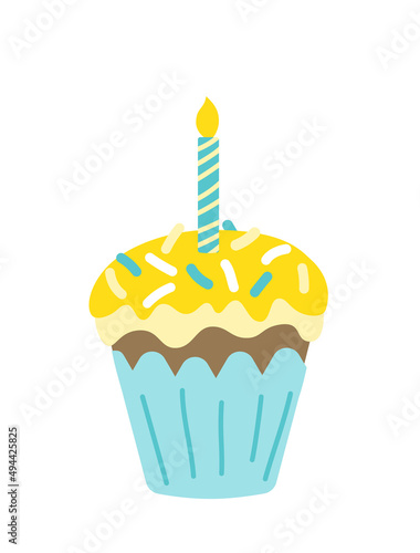 Easter cake with blue glaze, sprinkle, candle. Colorful cupcake. Flat. Isolated