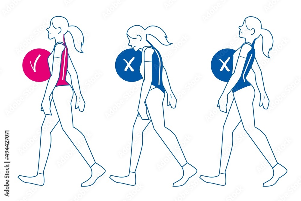 Correct and incorrect human spine posture advice during walk. Right and wrong back physical position comparison - obrazy, fototapety, plakaty 
