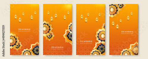 Eid ramadan mubarak background for social media stories template banners. Arabic islamic middle east lantern moon crescent mosque design for social media template