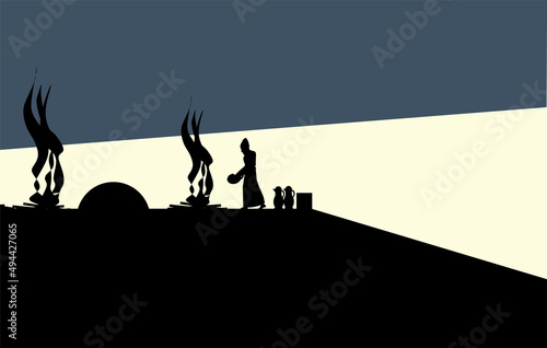The Daily Offering  in the Temple. Observant Jewish art painting. Cohen - priest makes a sacrifice on the outer altar in Jerusalem. historitic. traditional. Colorful vector and a black silhouette.