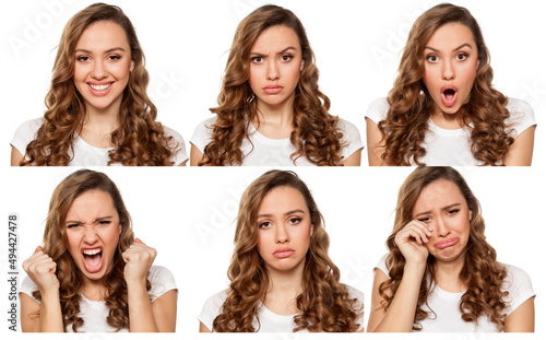 collage with different emotions in one young woman on a white background