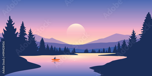 lonely canoeing adventure in summer with orange boat on the lake