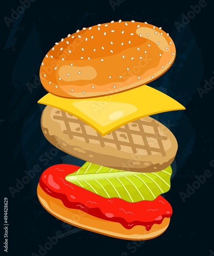 Healthy burger section design on blackboard. Bun, chicken cutlet, lettuce and cheese ingredient photo