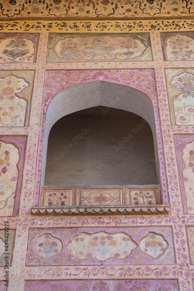 Indian ornament on wall of palace in Jaipur fort India