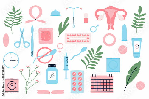 Contraception set. Types of contraception.The concept of awareness of contraceptive methods in the field of sexual and reproductive health. Safe sexual behavior, birth control.