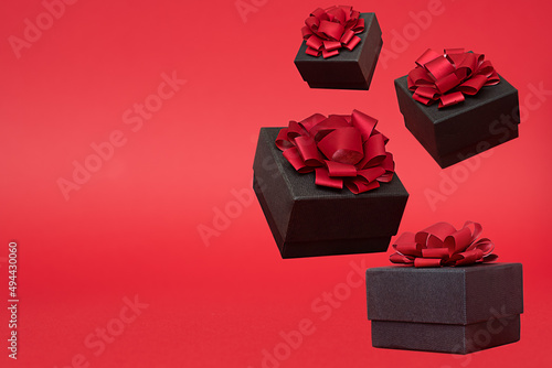 Gift box with red ribbon. Red banner