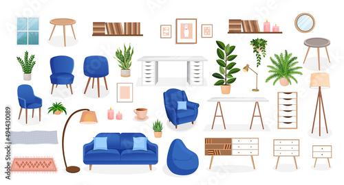 Set of furniture for the bedroom, hallway, living room, office. Collection of items for the interior of an apartment, office, home. Vector illustration in flat cartoon style. Housing elements.