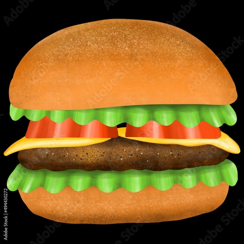 A large burger on a dark background. Digital illustration