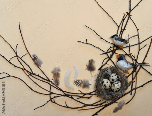 Spring  composition on sandy - beige  background with  one cauple of   birds , nest with 3 eggs on tree branches ,feathers.Free copy space ,top view. Easter consept. photo