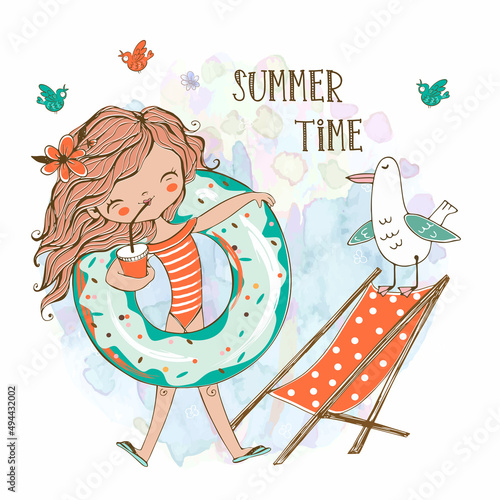 Cute girl in a swimsuit with a swimming circle on the beach with a seagull. Summer time. Vector