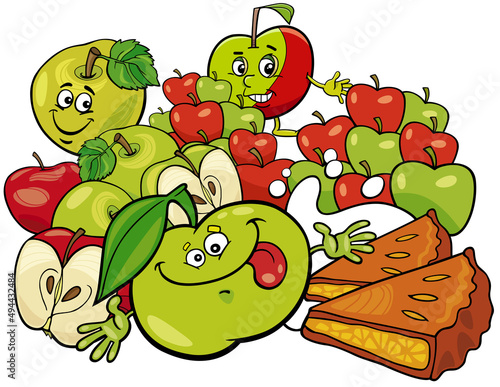 cartoon green and red apples and apple pie