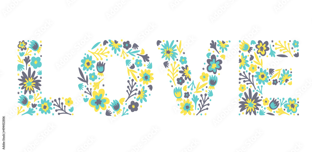 Word Love of doodle flowers and leaves. Hippie word LOVE. Isolated