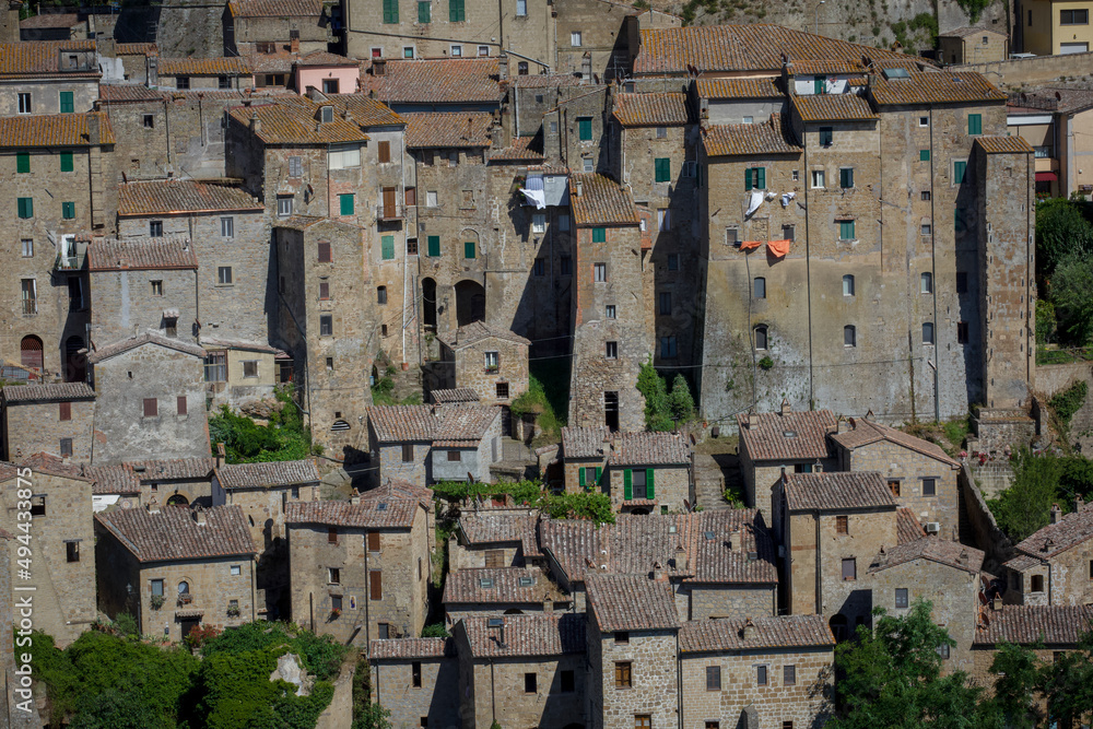 Medieval buildings in Sorano, a hilltown in Tuscany, Italy