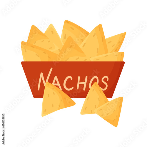 Plate of nachos vector illustration. Tortilla chips. Cartoon illustration isolated on white background.
