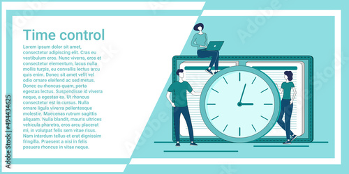 Time control.Time management and deadline.People on the background of a big clock and a list of tasks.An illustration in the style of a green landing page.