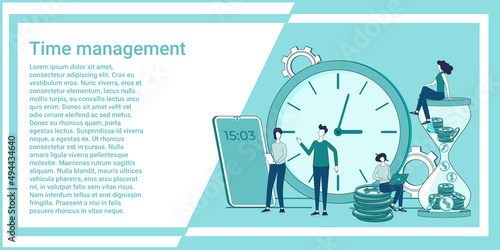 Time management.Deadline and time control.People on the background of a watch and a smartphone are engaged in time planning.An illustration in the style of a green landing page.