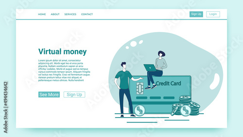 Virtual money.Transfer, payment of funds in digital form.An illustration in the style of a green landing page.