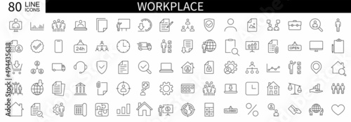 Set of 80 icon Business people, workplace. Teamwork, workplace, coffee, work. Human resources, office management. Vector illustration. © vectorsanta