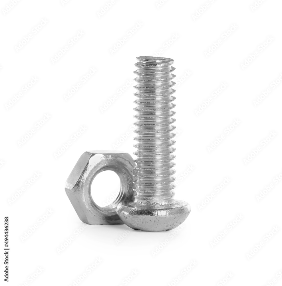 Metal carriage bolt and hex nut on white background Metal carriage bolt and hex nut on white background