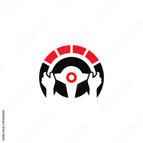 Hands holding car steering wheel. Company logo design. Vector illustration.
