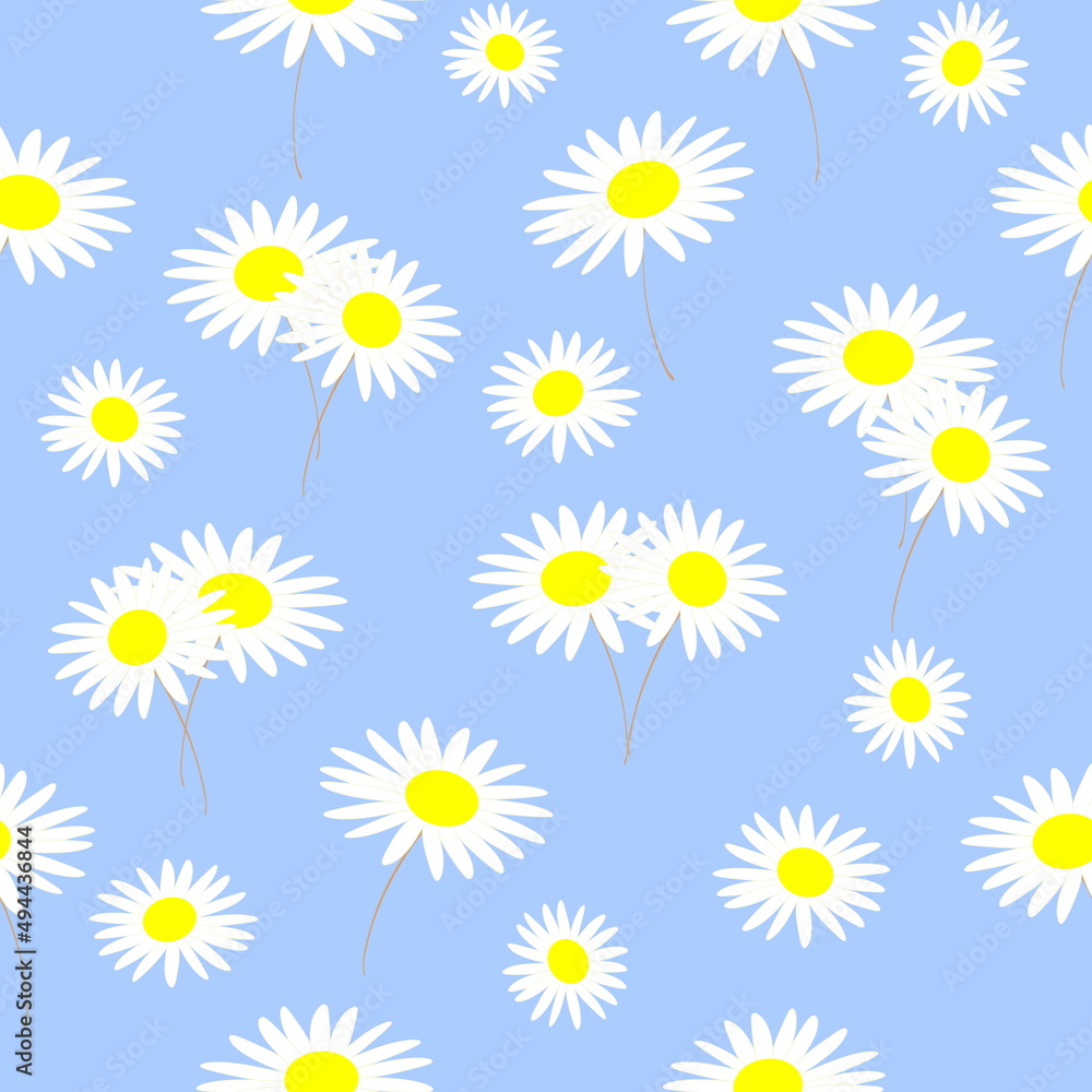 seamless pattern blue background with white daisy flowers, pastel colors, floral design vector drawing chamomiles