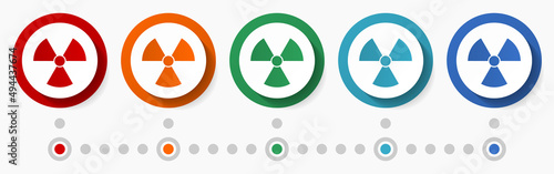 Radiation, nuclear concept vector icon set, flat design colorful buttons, infographic template in 5 color options