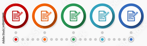 Subscribe, contract, deal concept vector icon set, flat design colorful buttons, infographic template in 5 color options