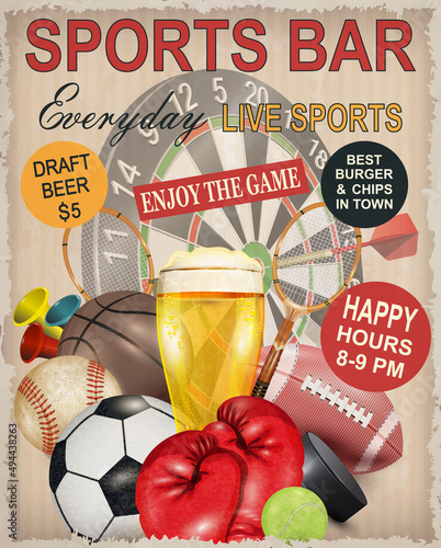 Sport bar poster with beer and sports equipment.